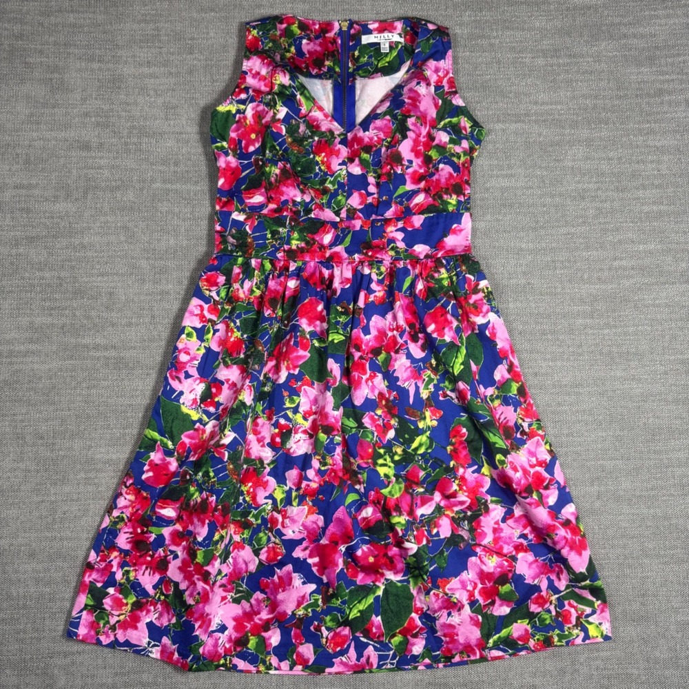 Milly Bright Spring Floral‎ Fit & Flare Dress Sleeveless Zip Back Pockets Size 2
